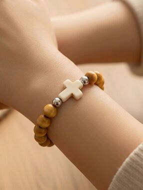 Cross Bead Bracelet Wood Beads Faith Bracelet Stretch Christian Jewelry Unisex